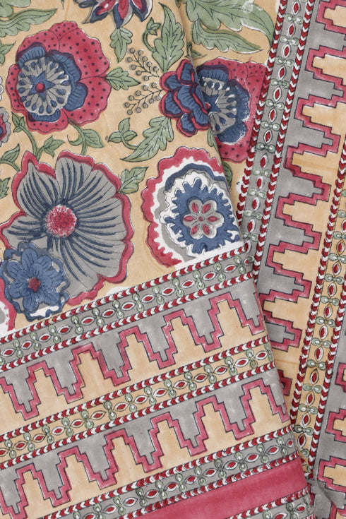 20s Cotton KING SIZE Bed Cover In Floral Block Print